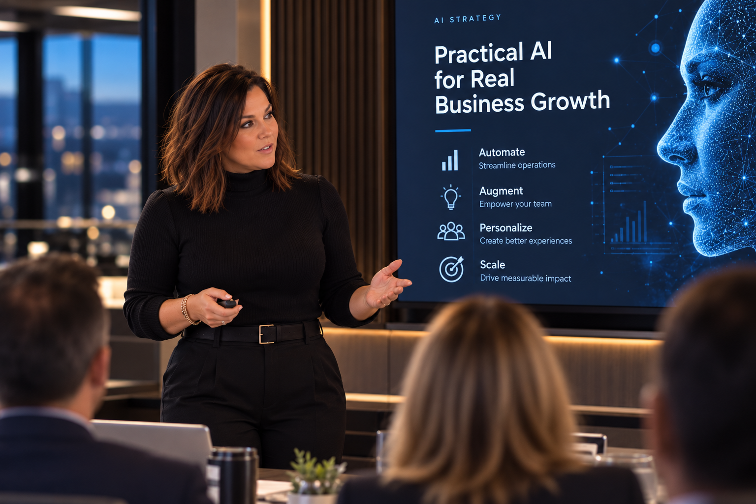 Andrea Grace leading a practical AI strategy session, with a screen titled Practical AI for Real Business Growth behind her