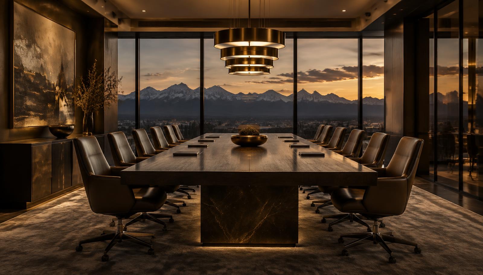 An empty executive boardroom at dusk overlooking the Rocky Mountains